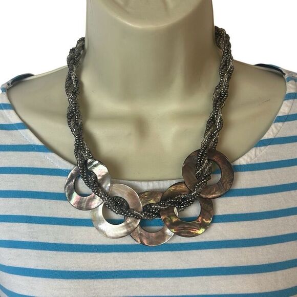 Abalone Shell Disk Braided Silver and Clear Beaded  Adjustable Length Necklace Y - Picture 2 of 8